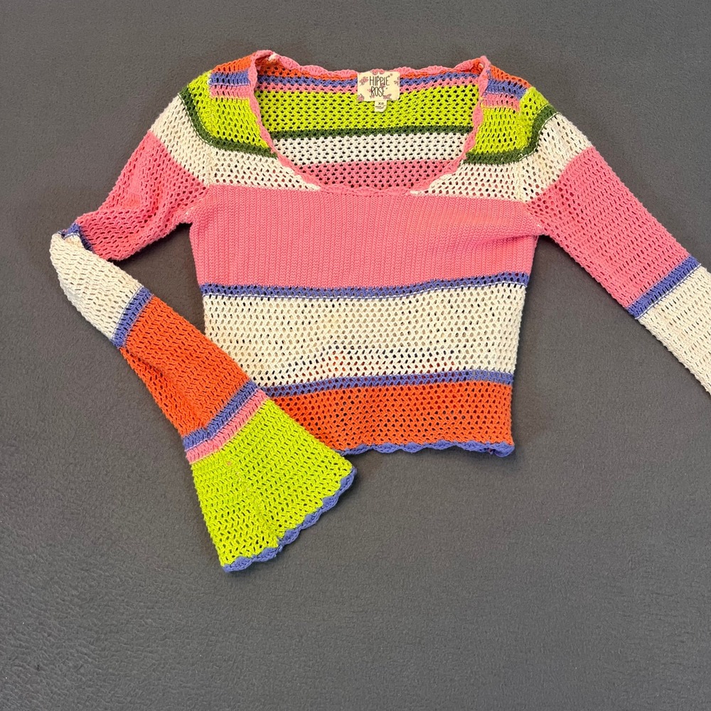 Hippie Rose Womens Sz XS Multicolored Striped Crochet Sweater Bell Sleeve‎ Crop